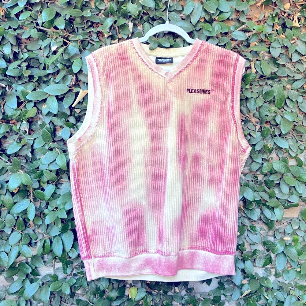 Pleasures Men's V-Neck Sleeveless Corduroy Sweater - Pink/Cream Tie Dye - Large
